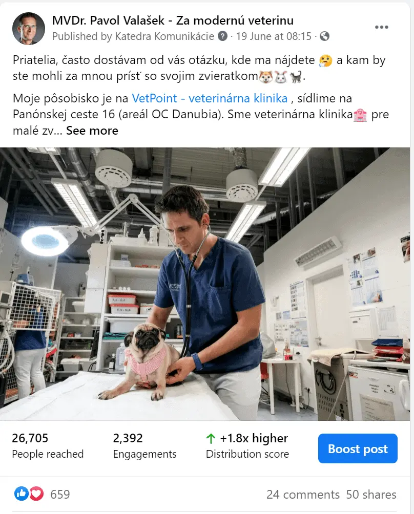 Fotka MVDr. Pavla Valáška a jeho nejúspěšnějšího příspěvku na sociálních sítích.