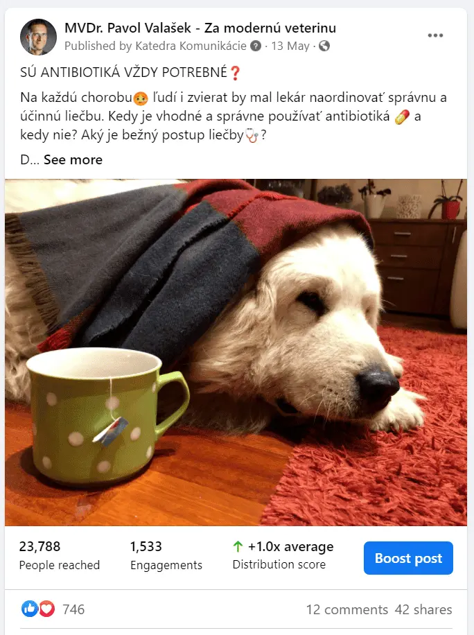 MVDr. Pavol Valášek a jeho příspěvek o antibiotikách na sociálních sítích.